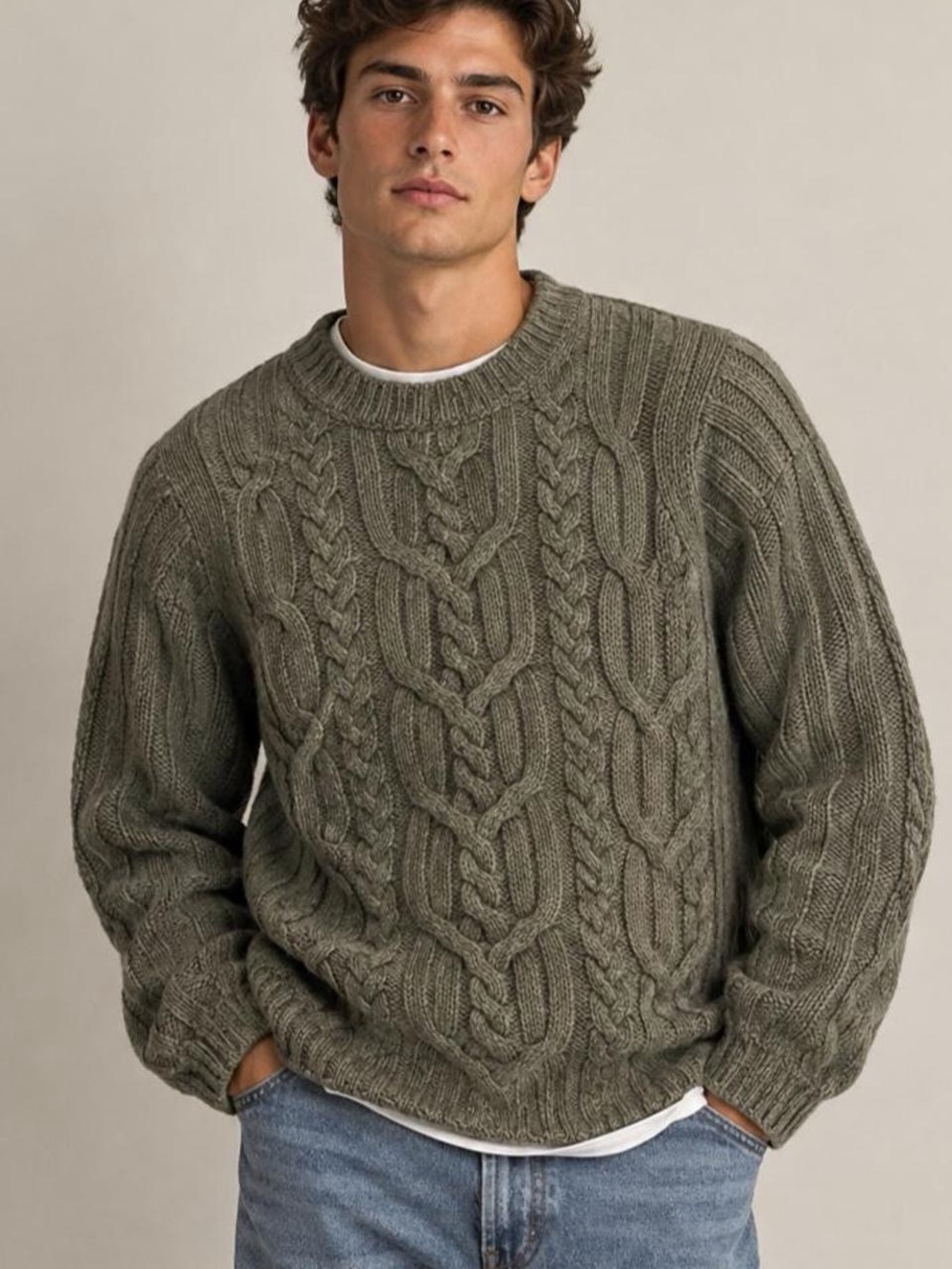 Vintage Gap Mens Large 100% LambsWool Fisherman Sweater Green Cable Knit Grandpa